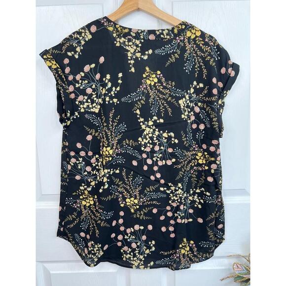 Philosophy Womens Black Floral V-Neck Cuffed Short Sleeve Blouse Bohemian Size S - Picture 2 of 11
